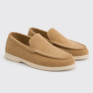Sapato Masculino Mocassim Bege Couro - vista lateral 3-4 frontal